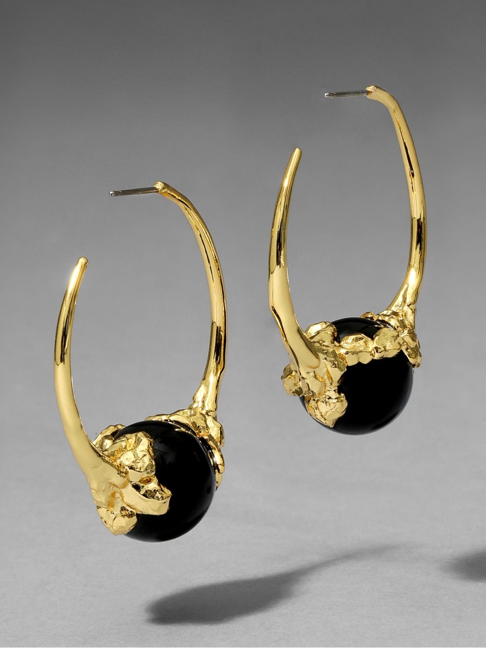 Alexis Bittar Brut Gold Capped Black Agate Hoop Earrings